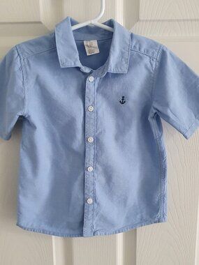 H&M Short Sleeve Button-Down Shirt with Anchor Detail Boys Blue Cotton